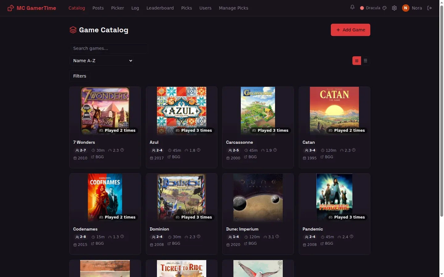 The game catalog, showing cover art, player counts and play counts