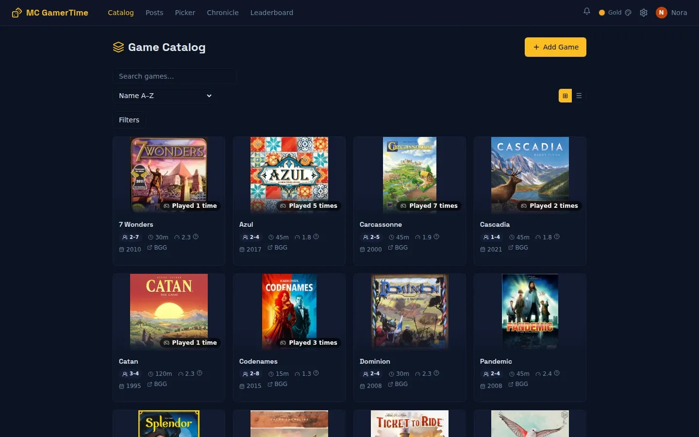 The game catalog, showing cover art, player counts and play counts